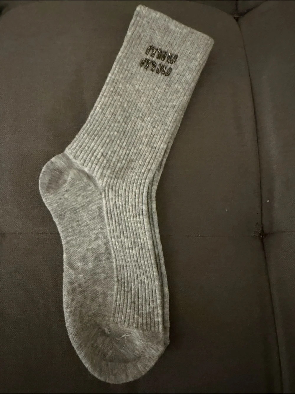 Miu Miu Ribbed Crew Sock - Light Gray with Subtle Logo